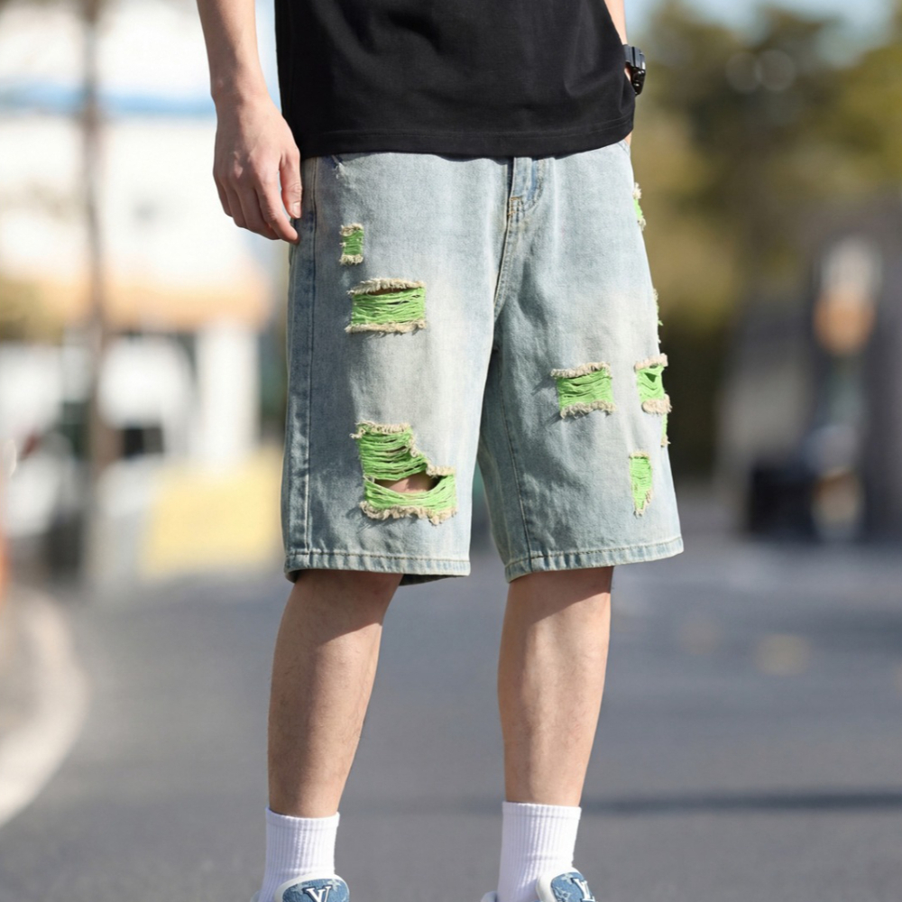 Fly Line - Heren gevoerde gescheurde denim shorts met