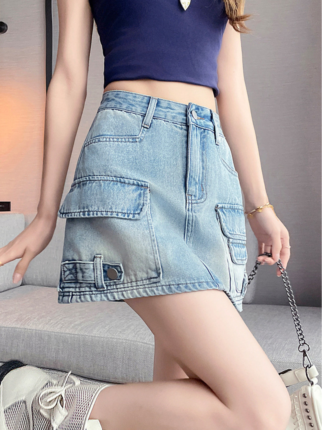 Fly Line - Dames hoge taille cargo denim minirok